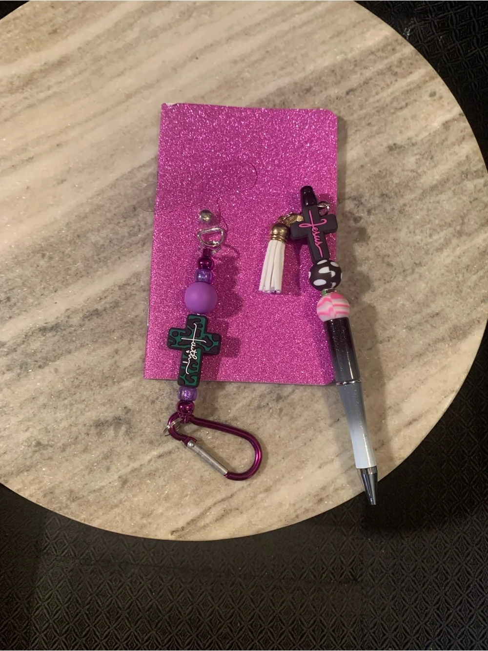 Pink Beaded Pen and Keychain Set with Cross Charm